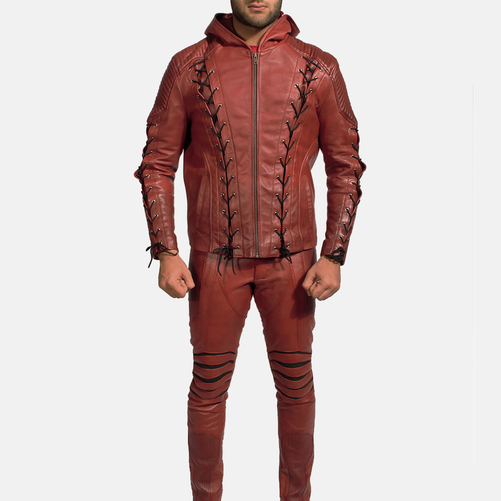 Mens Red Hooded Leather Costume